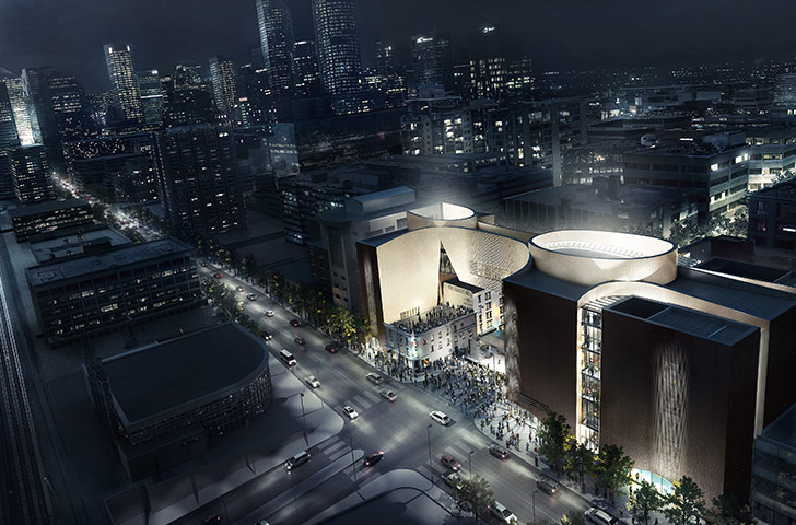 NMC Night Aerial Wide Angle. Image by Allied Works Architecture